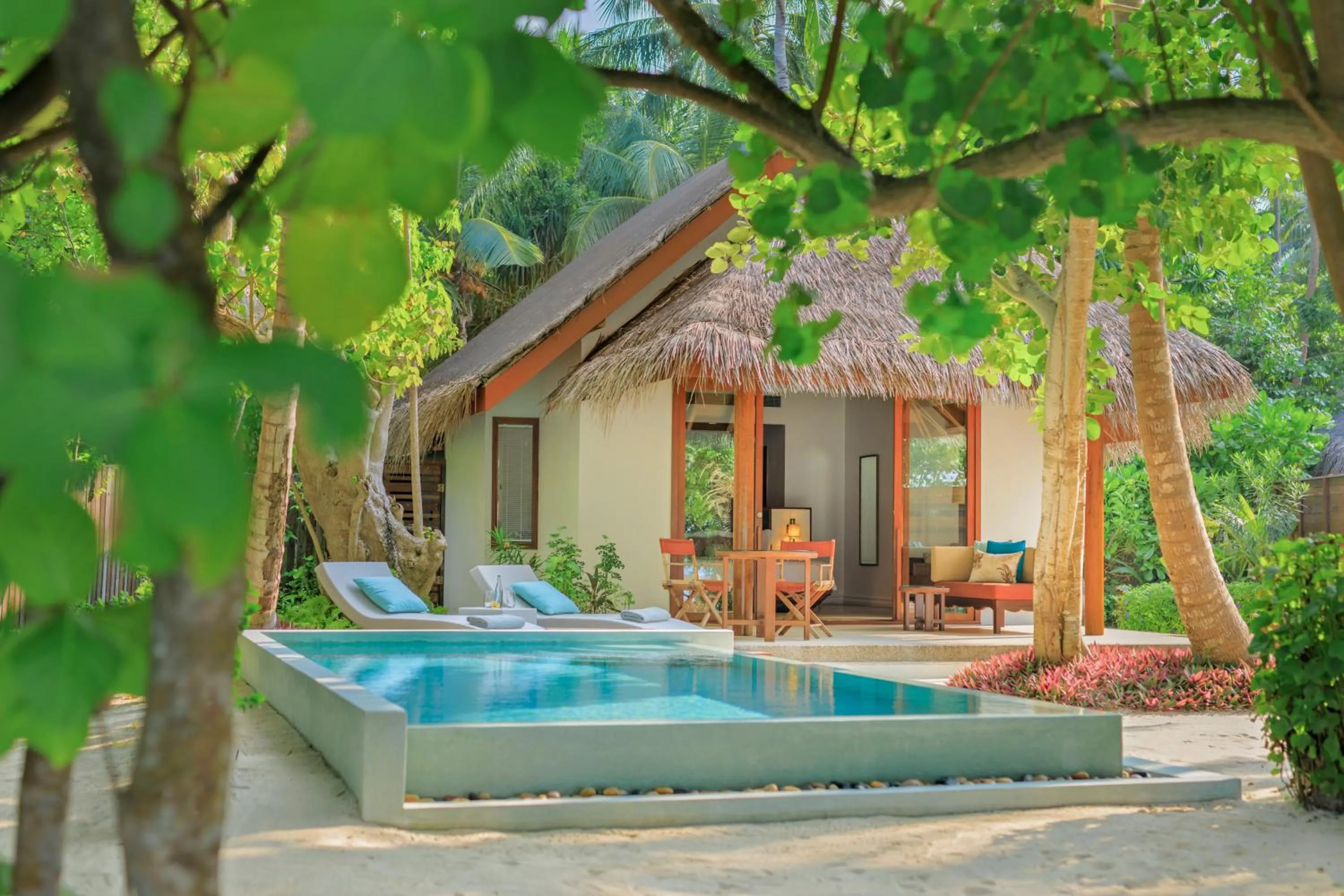 Beach Front Pool Villa, 122sqm, Beachfront, Butler Service, Private Terrace - single occupancy in Dusit Thani Maldives - 50 percent discount on transfers for stays until 20 Dec 2025