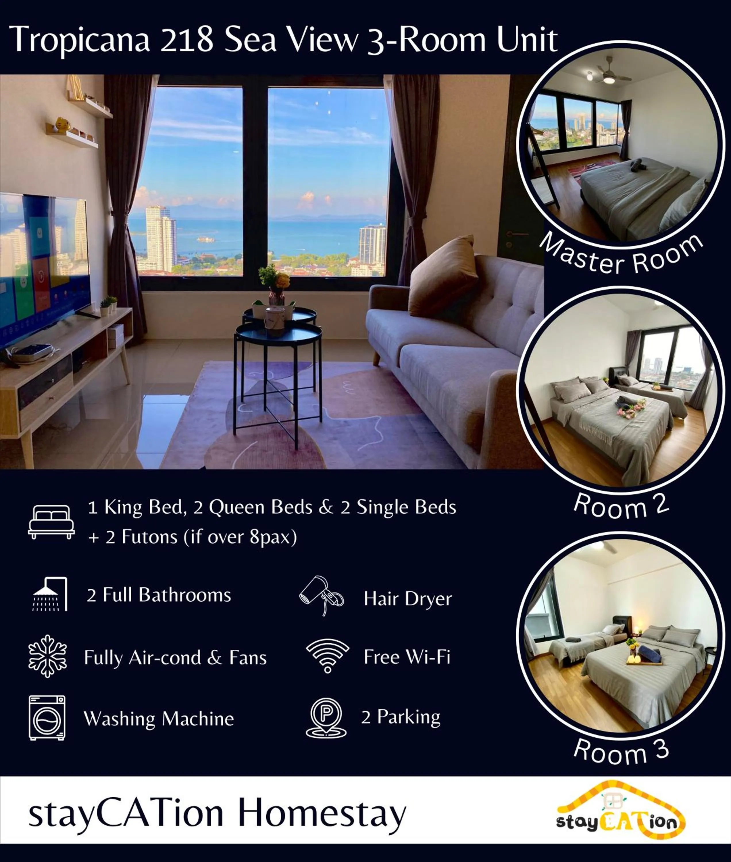 Three-Bedroom Apartment in Tropicana 218 Macalister Sea & City View by stayCATion Homestay
